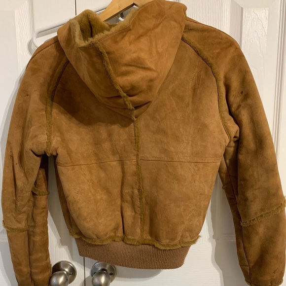 UGG Suede Shearling Fur Bomber Zipper Hood Jacket - Picture 5 of 5